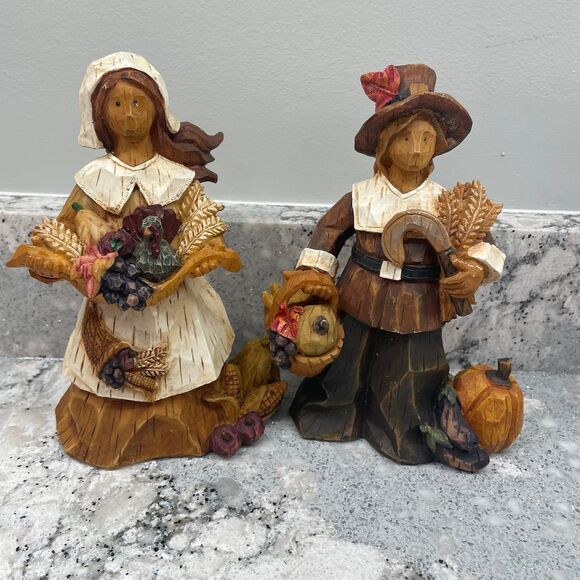 Pair of 8" Resin Cubist Style Pilgrims Thanksgiving Decor Fall Harvest Pumpkins - Picture 1 of 9